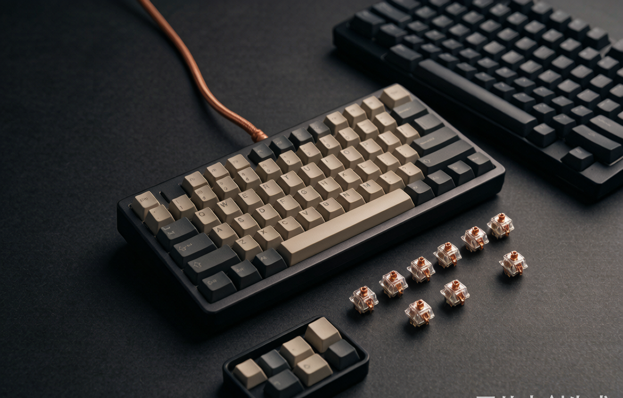 Mechanical keyboard desk scene with switches and keycaps