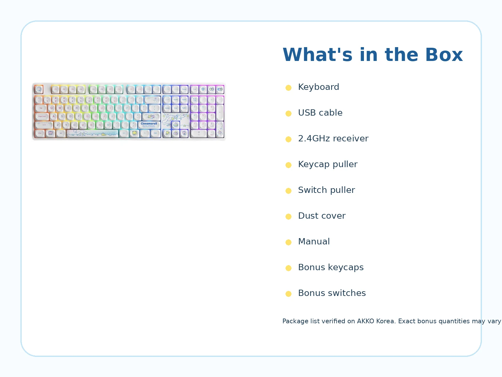 AKKO Cinnamoroll Star 5108B Plus Mechanical Keyboard — what’s in the box