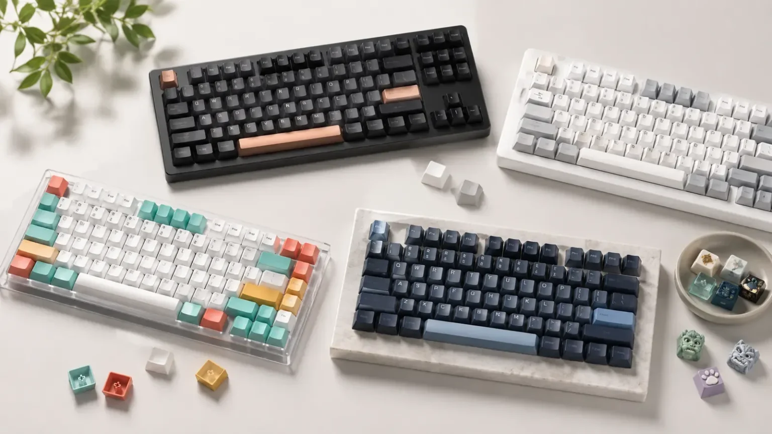 Mechanical keyboard keycap sets in different colors, profiles and materials