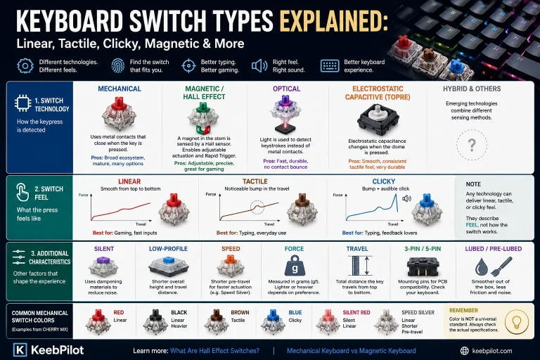 Keyboard switch types explained including mechanical, magnetic Hall Effect, optical, linear, tactile and clicky switches