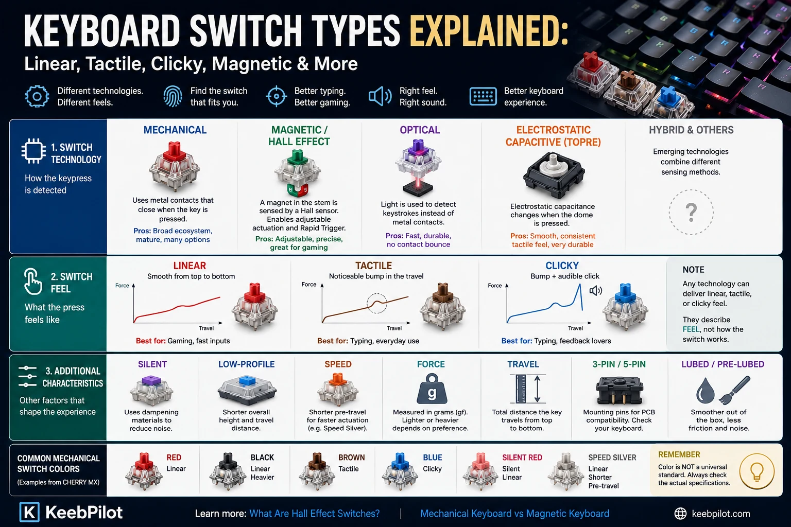 Keyboard switch types explained including mechanical, magnetic Hall Effect, optical, linear, tactile and clicky switches