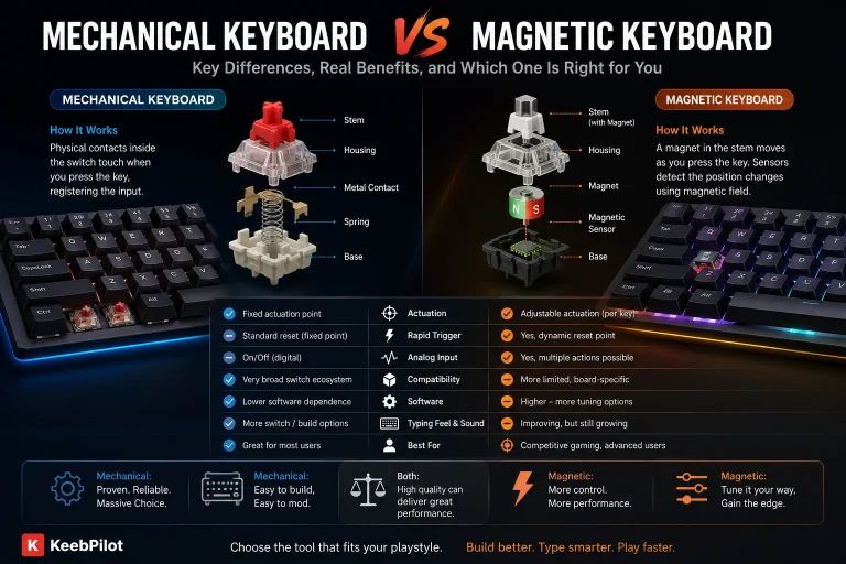 Mechanical keyboard vs magnetic keyboard comparison showing switch structure, actuation and Rapid Trigger differences