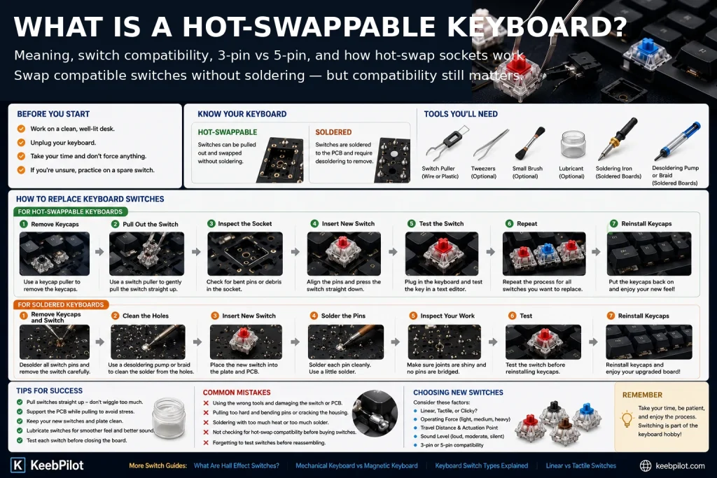 What is a hot-swappable keyboard: socket vs soldered keyboard, 3-pin and 5-pin compatibility, and switch replacement steps