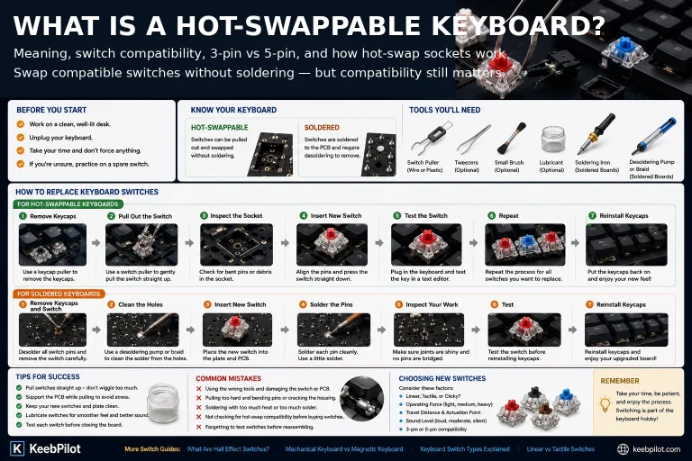 What is a hot-swappable keyboard: socket vs soldered keyboard, 3-pin and 5-pin compatibility, and switch replacement steps