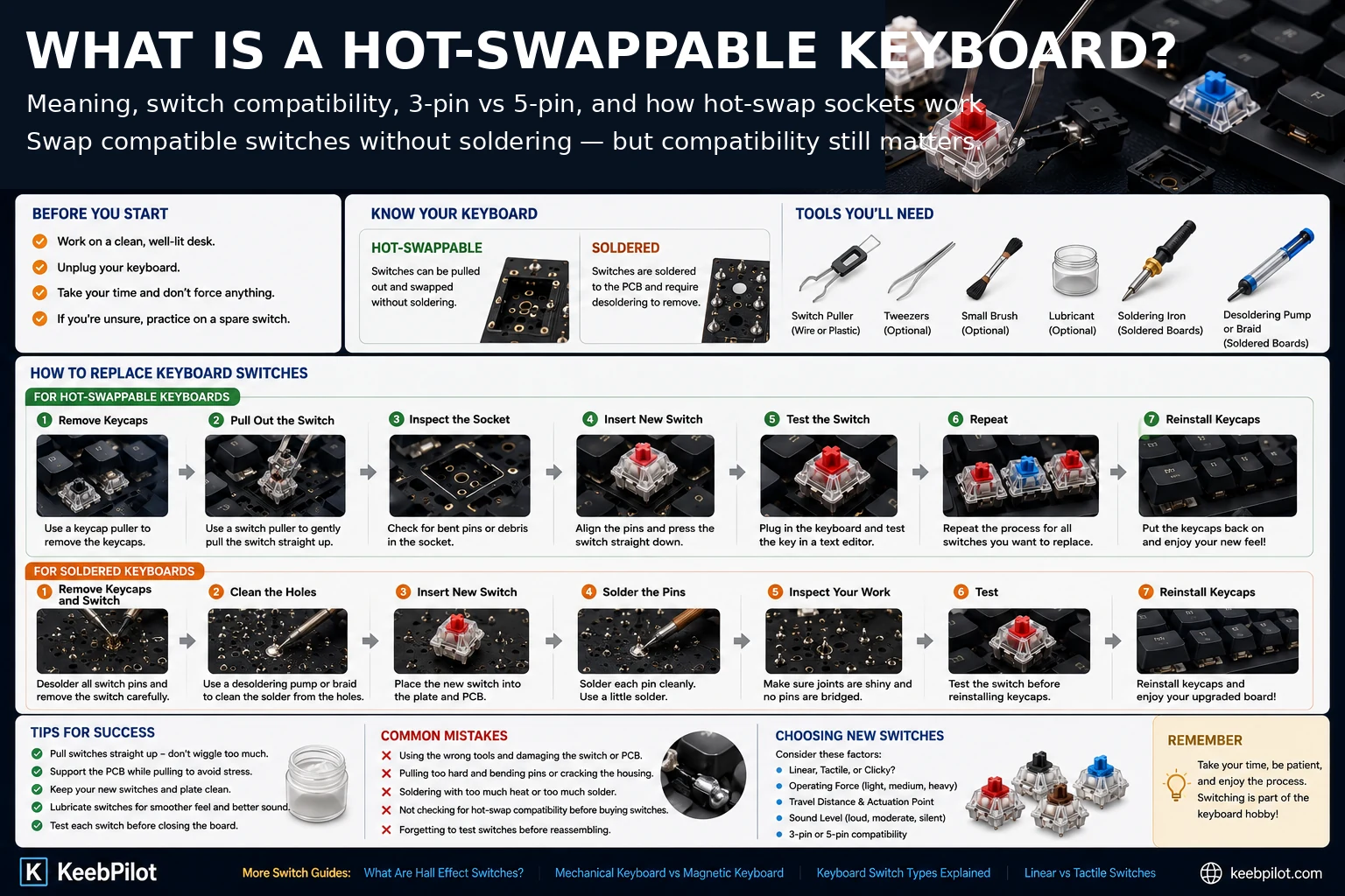 What is a hot-swappable keyboard: socket vs soldered keyboard, 3-pin and 5-pin compatibility, and switch replacement steps