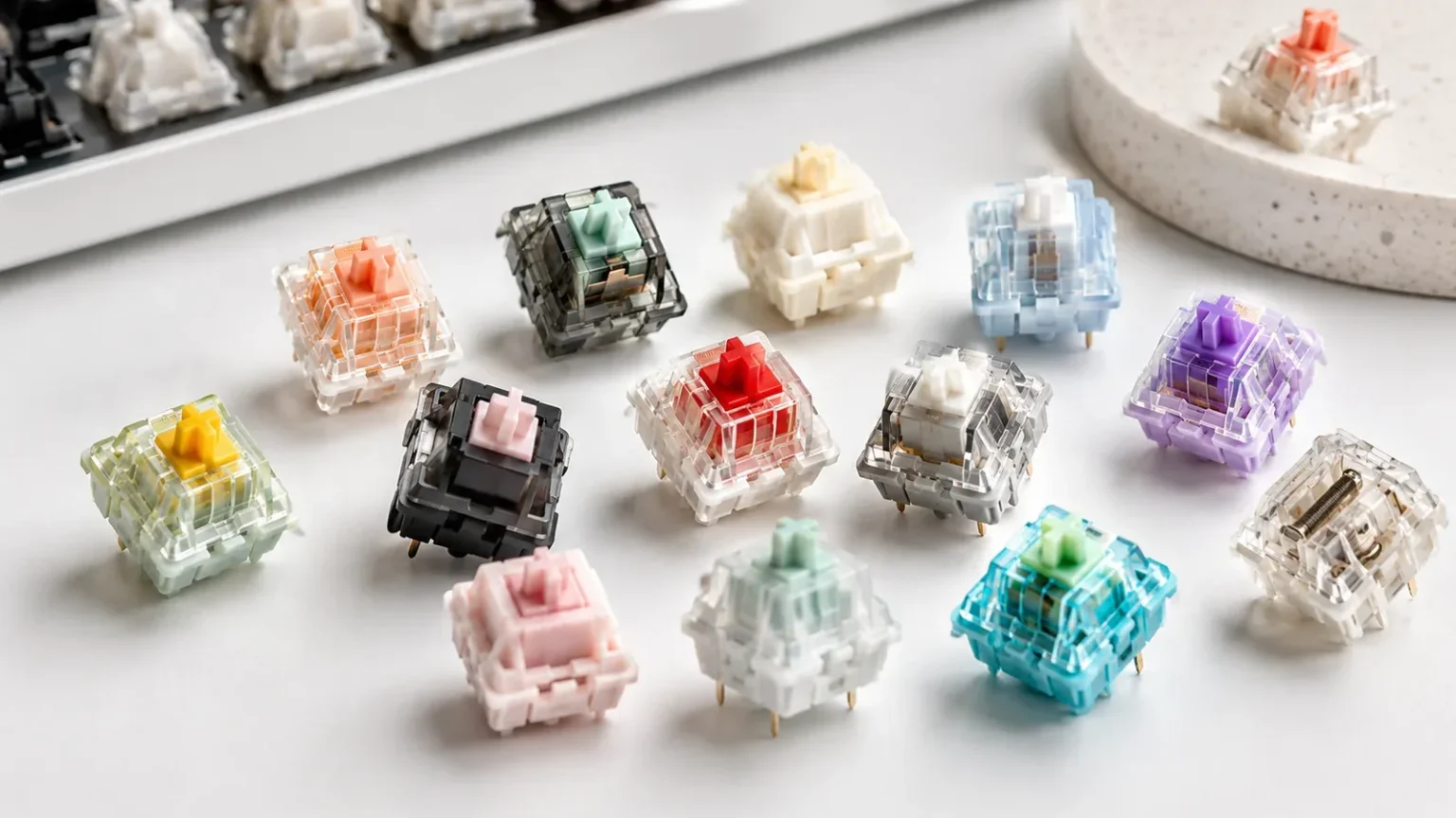 Mechanical keyboard switches in different colors and styles
