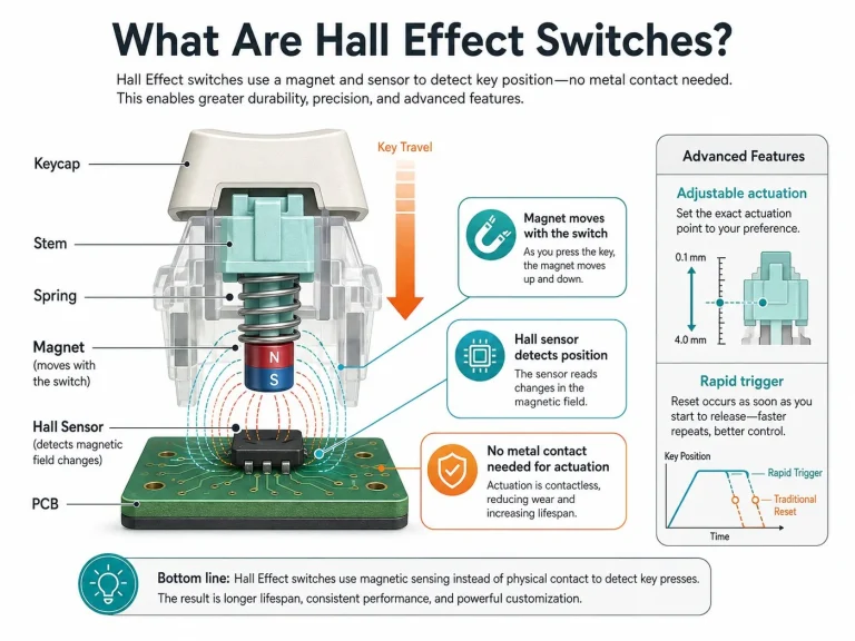 Diagram of a Hall Effect keyboard switch showing keycap, stem, spring, magnet, Hall sensor, and PCB, with adjustable actuation and rapid trigger features