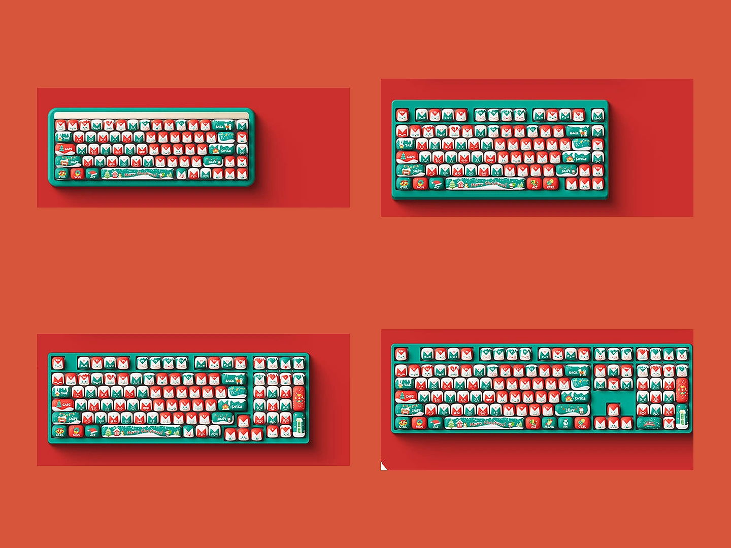 AKKO Christmas Fantasy keycaps shown across four common keyboard layouts