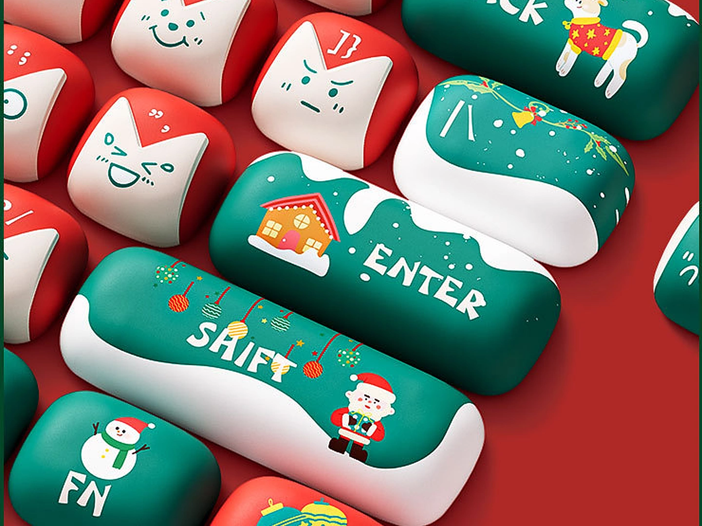 Close-up of Christmas Fantasy novelty keycaps with raised character details