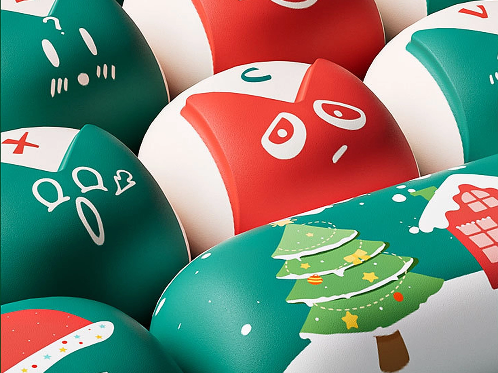 Close-up of multi-face Christmas artwork on MOG keycaps