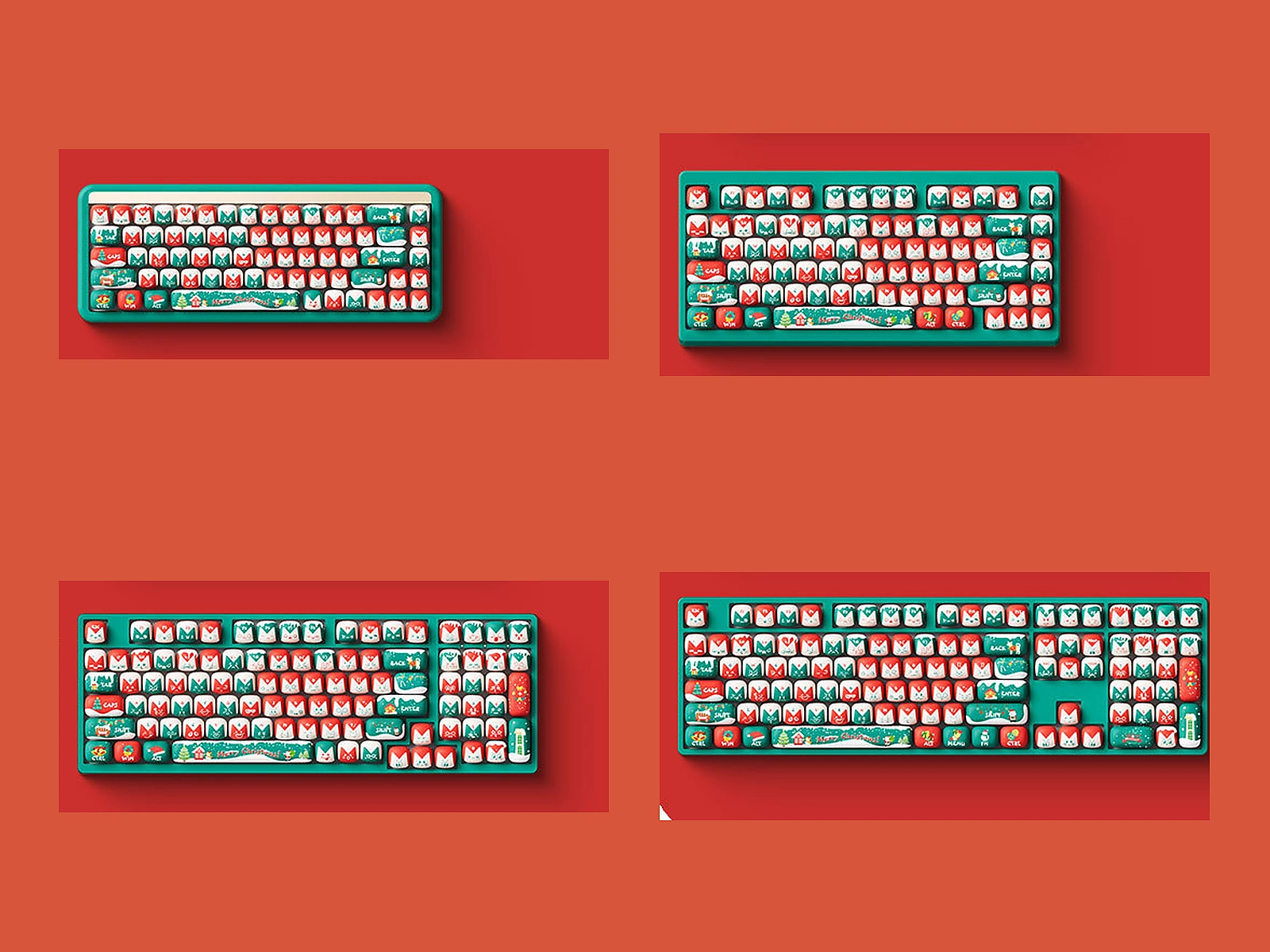 AKKO Christmas Fantasy keycaps previewed on several common keyboard layouts