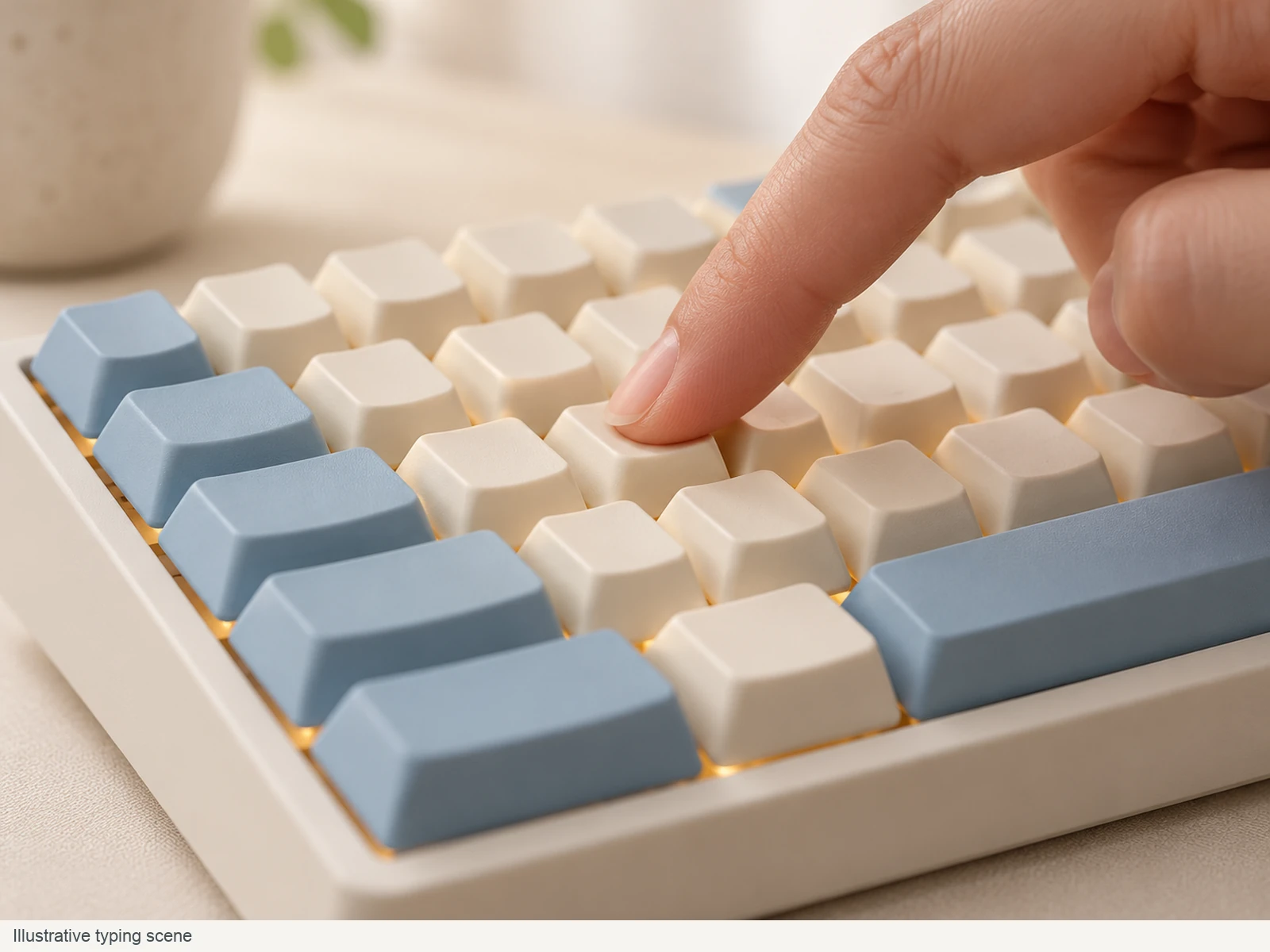 QVQ N2 Milk Dragon V2 buyer context: Illustrative typing scene; blue and cream keycaps on a generic keyboard. This is not a photograph of a tested compatible build.