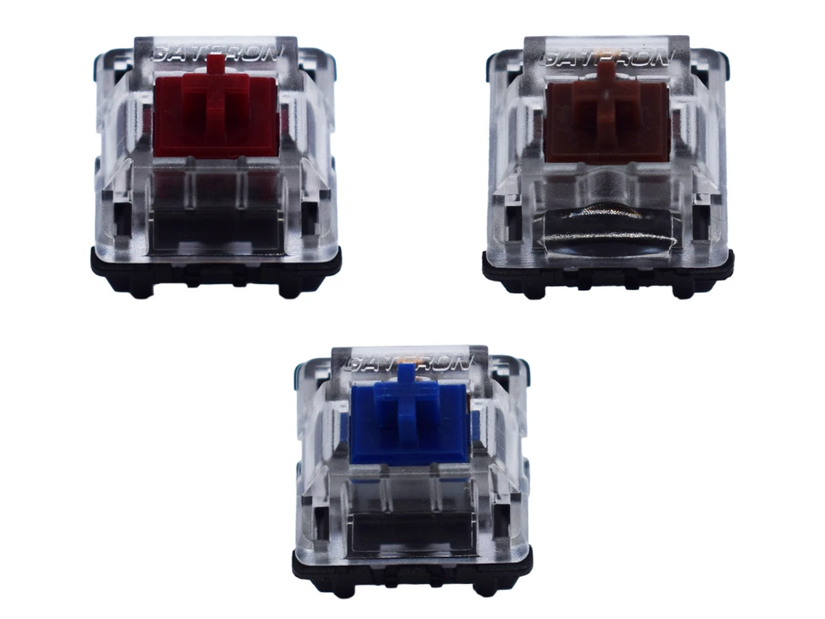 Red, Brown and Blue Gateron KS-15 optical switch options; photograph, not a sound measurement