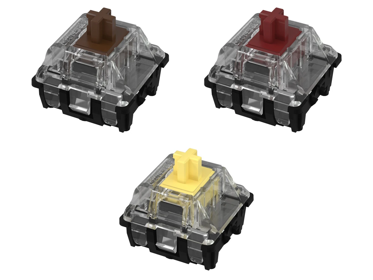 Brown, Red and Yellow Gateron KS-15 switches photographed from an oblique view