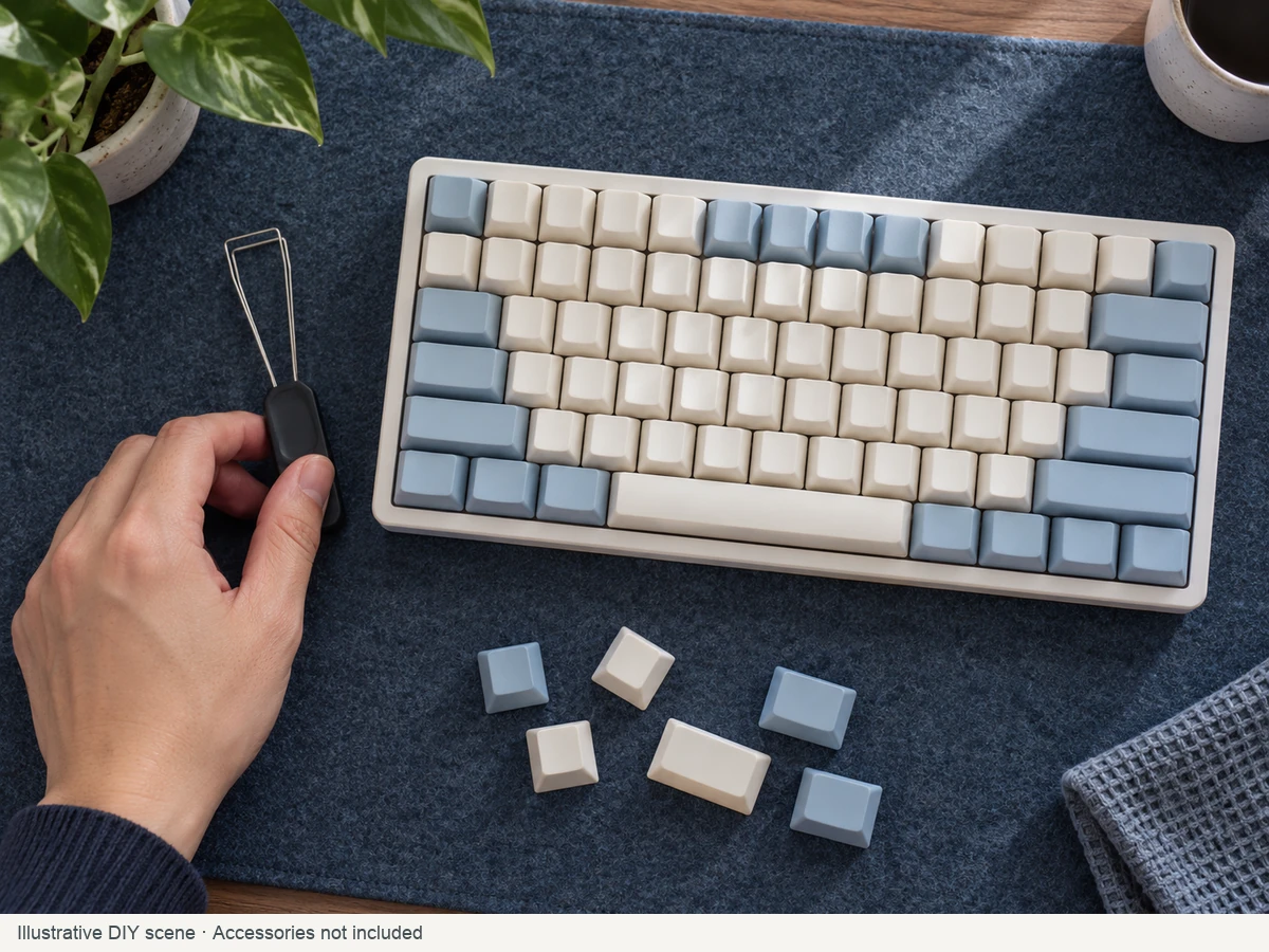 QVQ N2 Milk Dragon V2 buyer context: Illustrative DIY scene &bull; Accessories not included; blue and cream keycaps on a generic keyboard. This is not a photograph of a tested compatible build.
